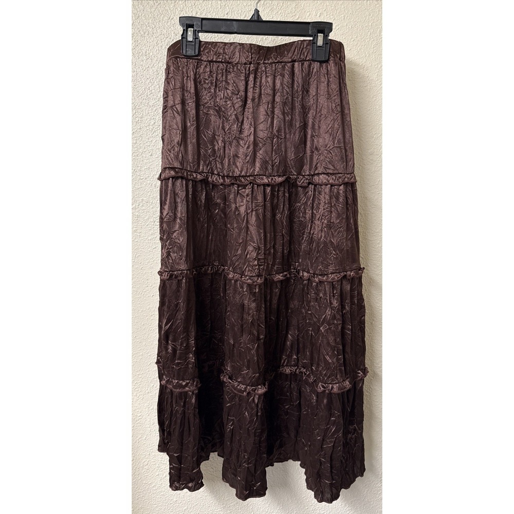 Vtg Y2K Skirt Brown Satin Tiered Peasant Boho Romantic‎ Summer Staple Petite SM